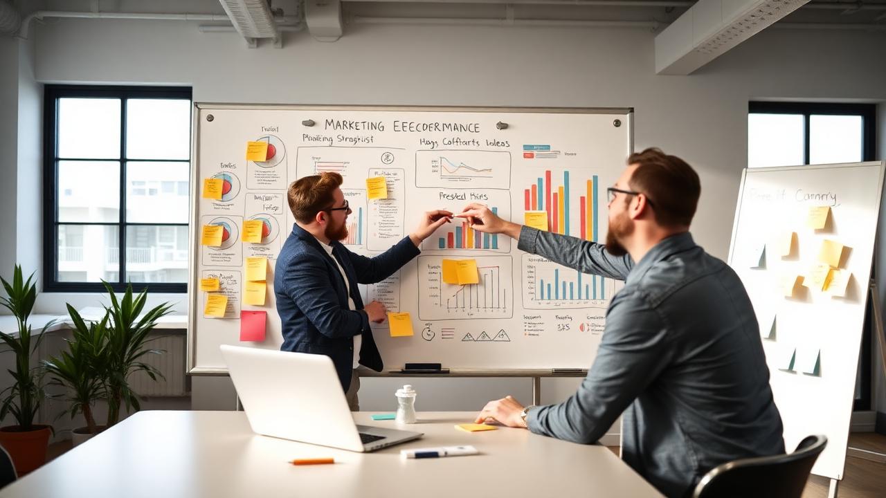 Marketing strategists planning ecommerce campaigns and reviewing conversion data on a whiteboard