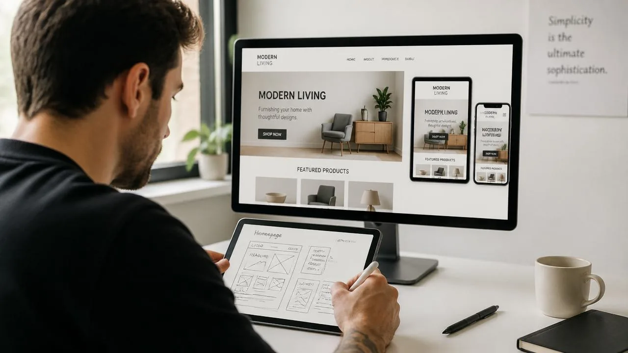 Web designer refining a responsive Webflow layout across desktop, tablet, and mobile views